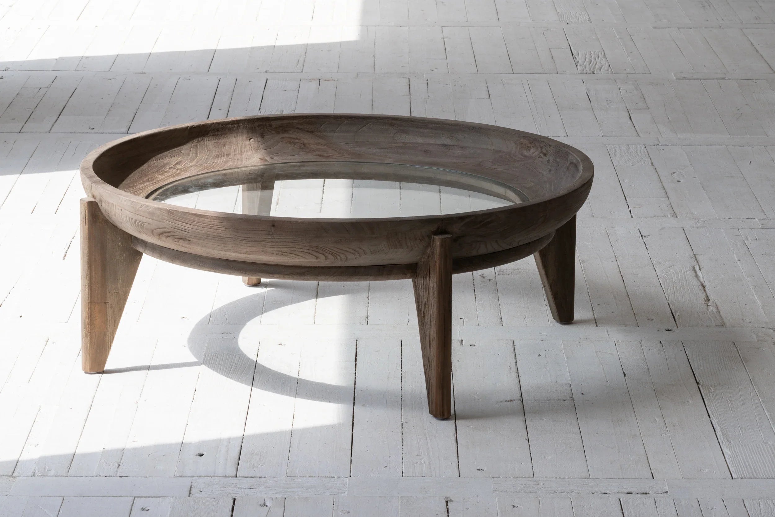 Wabi Sabi Recycled Elm Round Coffee Table with Tempered Glass Top