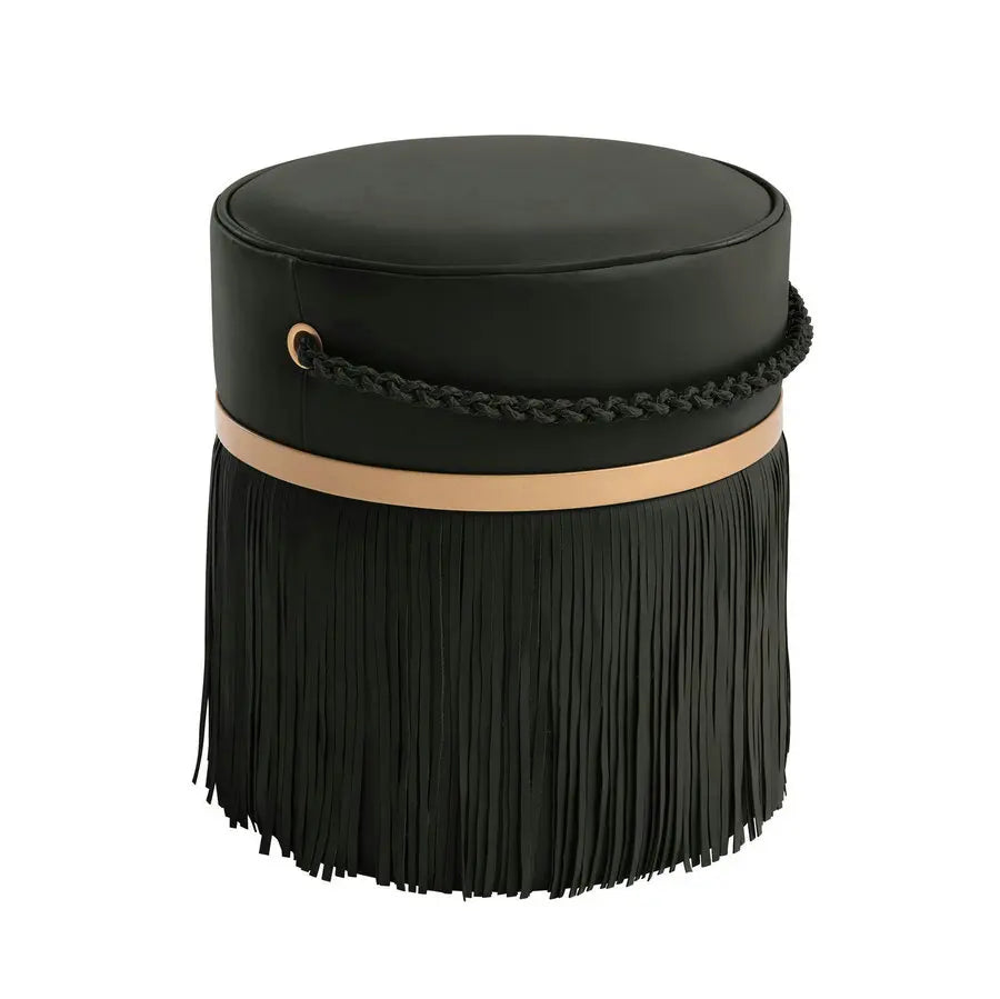 Modern Esthetic Leather Fringes Ottoman with Chain Handle Tassel Pouf
