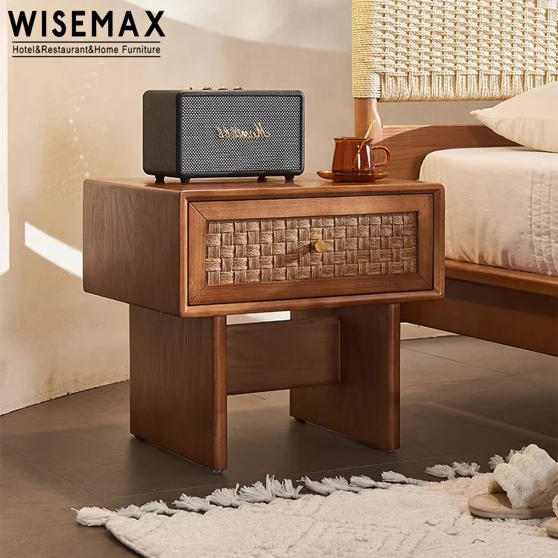 Exquisite Ash Wood Rattan Nightstand Modern Design Luxury Bedroom Side Table