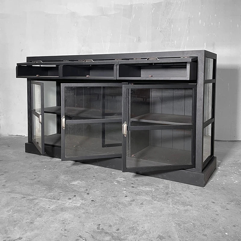 Elegant Black Oak Wood Sideboard: Glass Doors, Versatile Living Room Storage