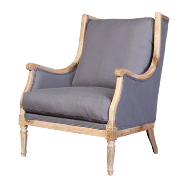 Charming French Country Linen & Solid Oak Wood Antique Accent Chair
