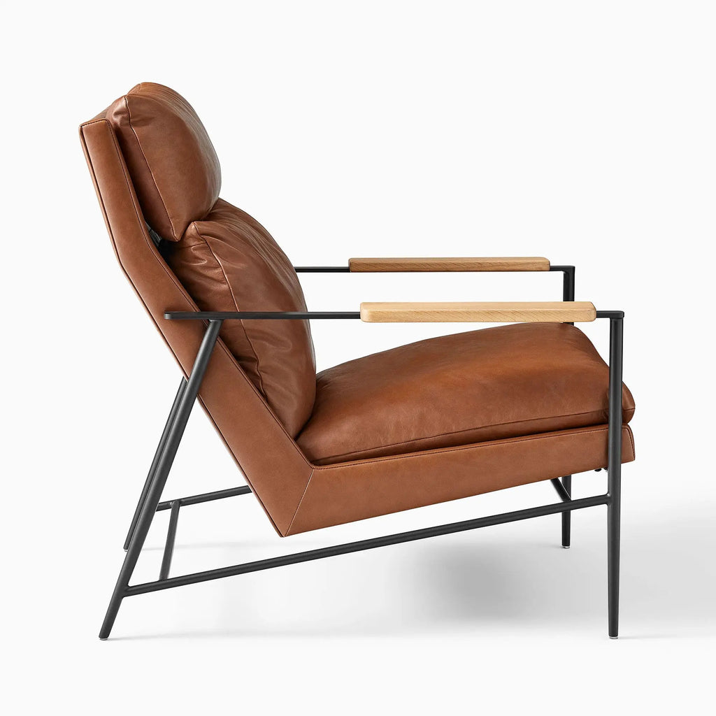 Modern Industrial Leather Accent Chair Wood Metal Frame Upholstered Lounge Seat