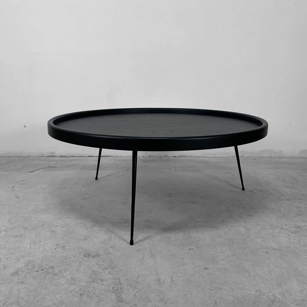 High-Quality Round Solid Oak Wood Coffee Table Black Metal Legs Durable Design
