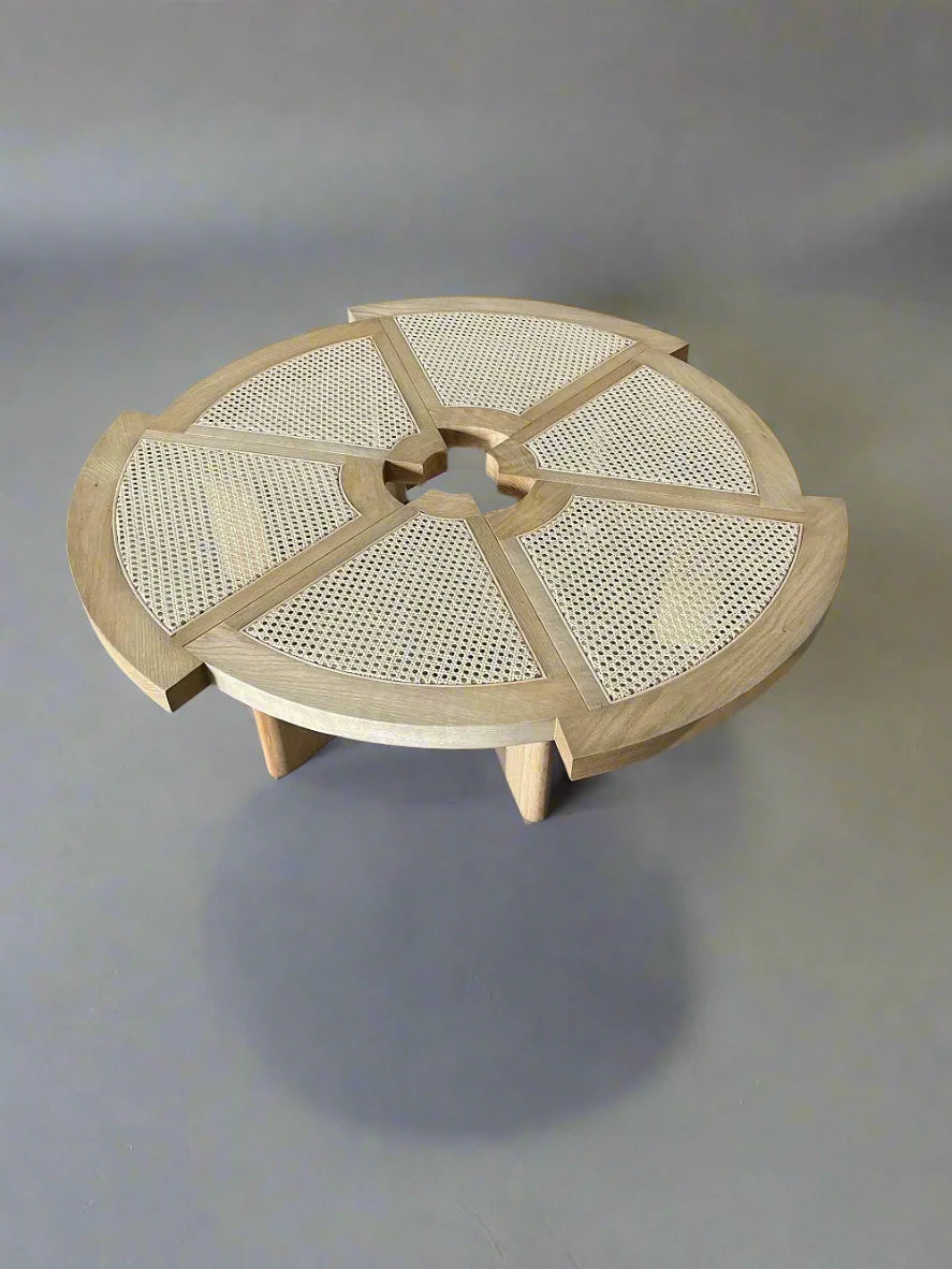 Chic Rattan & Oak Coffee Table - 6 Cane Inset Segments, Modern Living Room Centerpiece