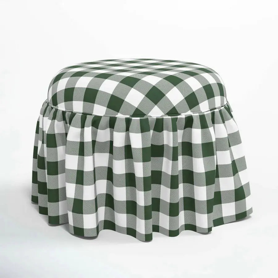 French Country Checkered Fabric Upholstered Round Ruffled Skirt Ottoman