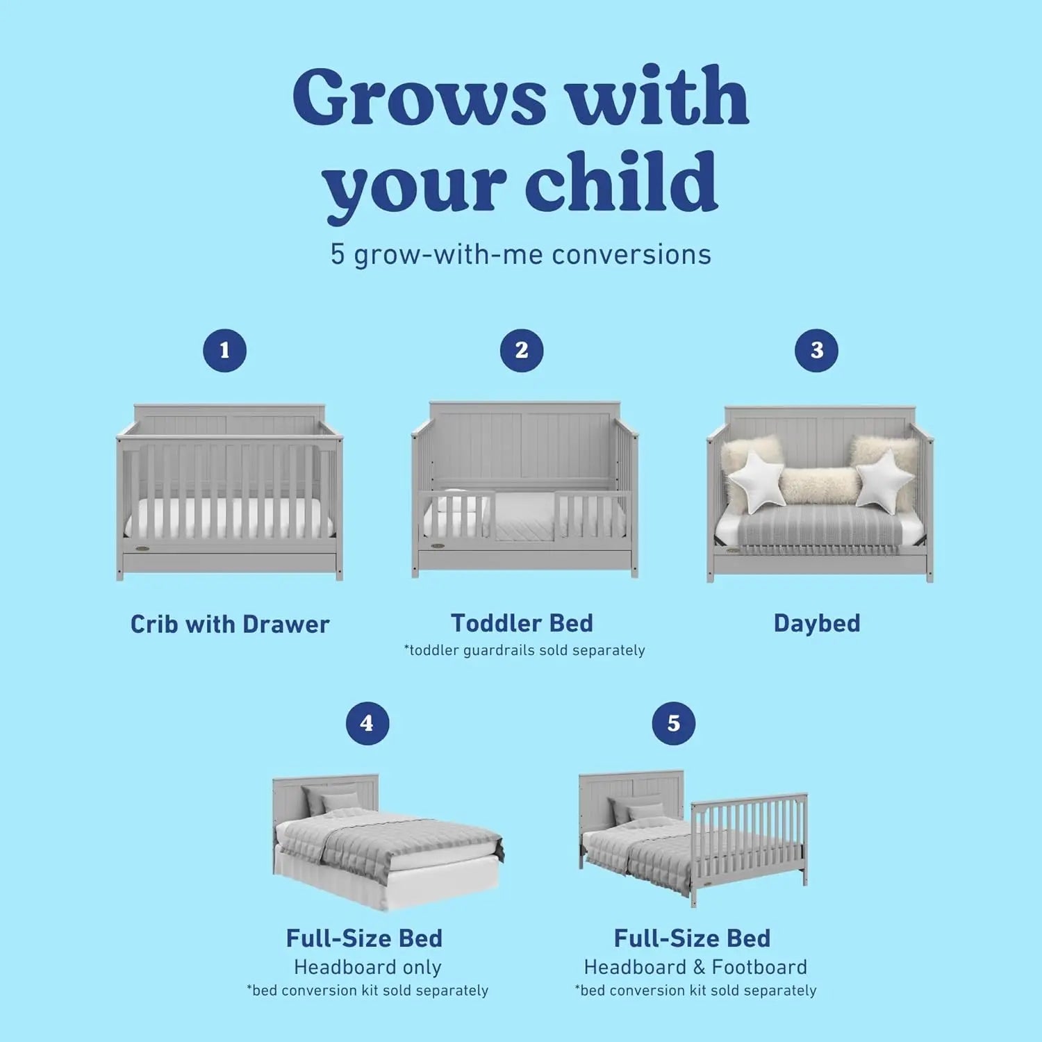 Premium 5-in-1 Convertible Baby Crib with Full-Size Nursery Storage Drawer
