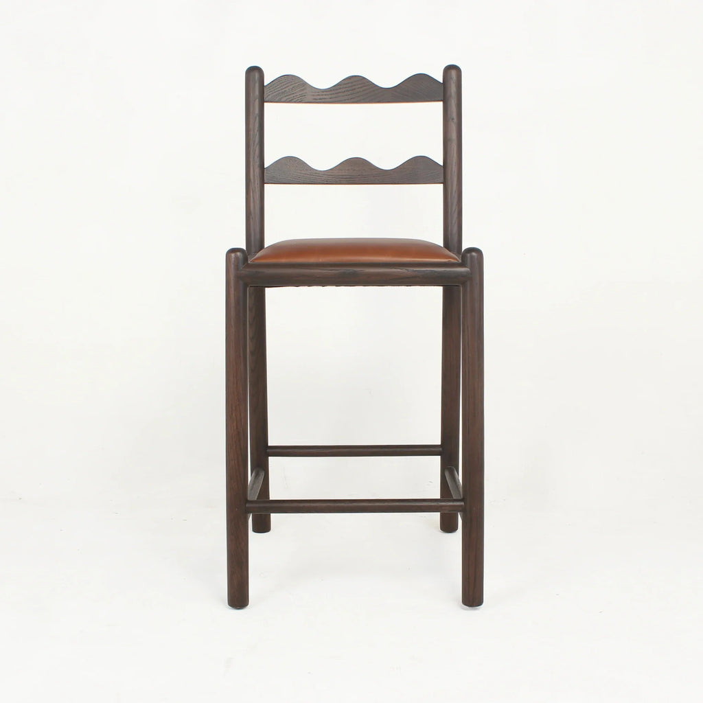 Premium Handmade Vintage Oak Wood Counter Stool with Genuine Leather Seat