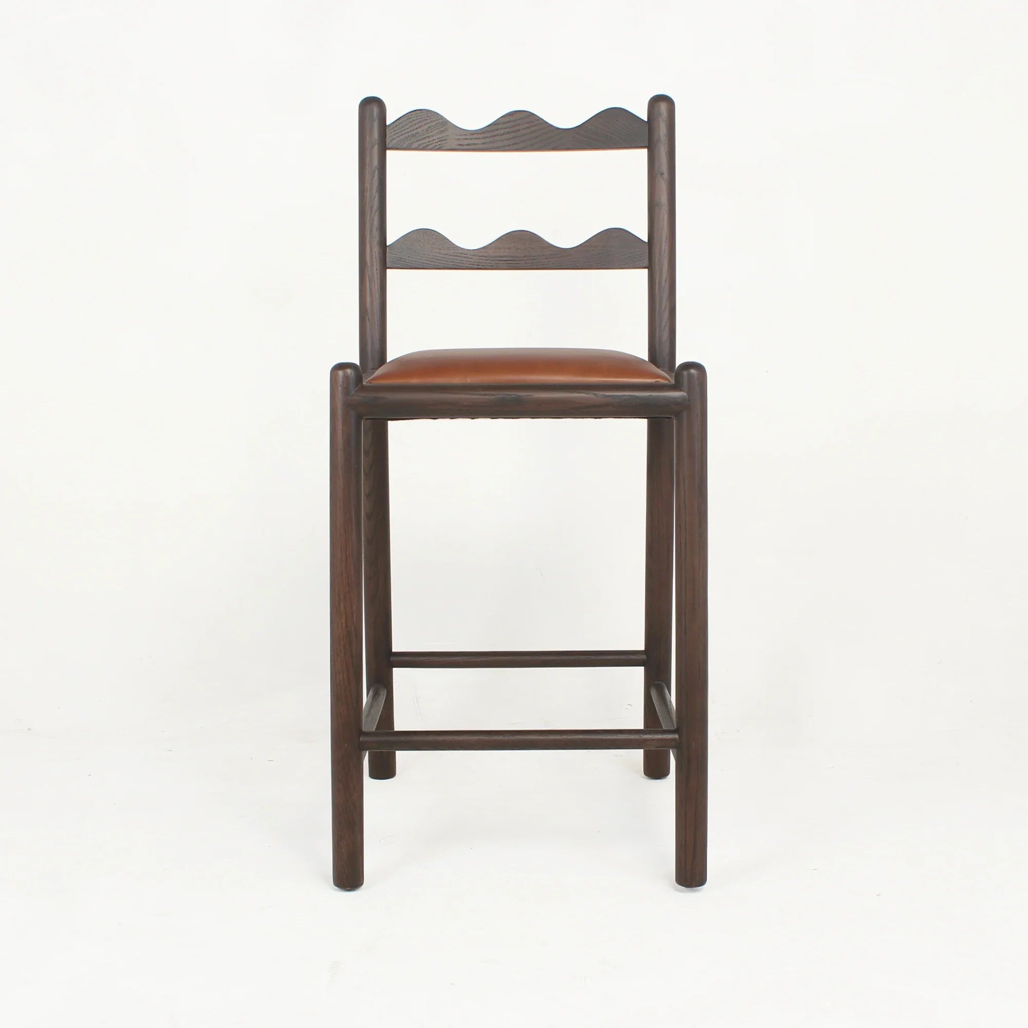 Premium Handmade Vintage Oak Wood Counter Stool with Genuine Leather Seat