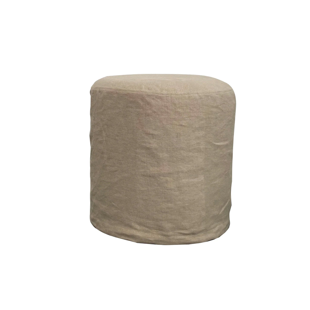 Elegant Natural Linen Upholstered Round Ottoman Accent Foot Stool Pouf