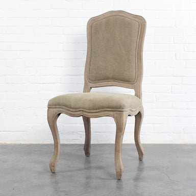 Elegant French Country Linen Upholstered Carved Oak Dining Chair Antique Style