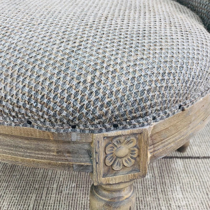 Elegant French Vintage Linen Upholstered Carved Solid Oak Dining Chair