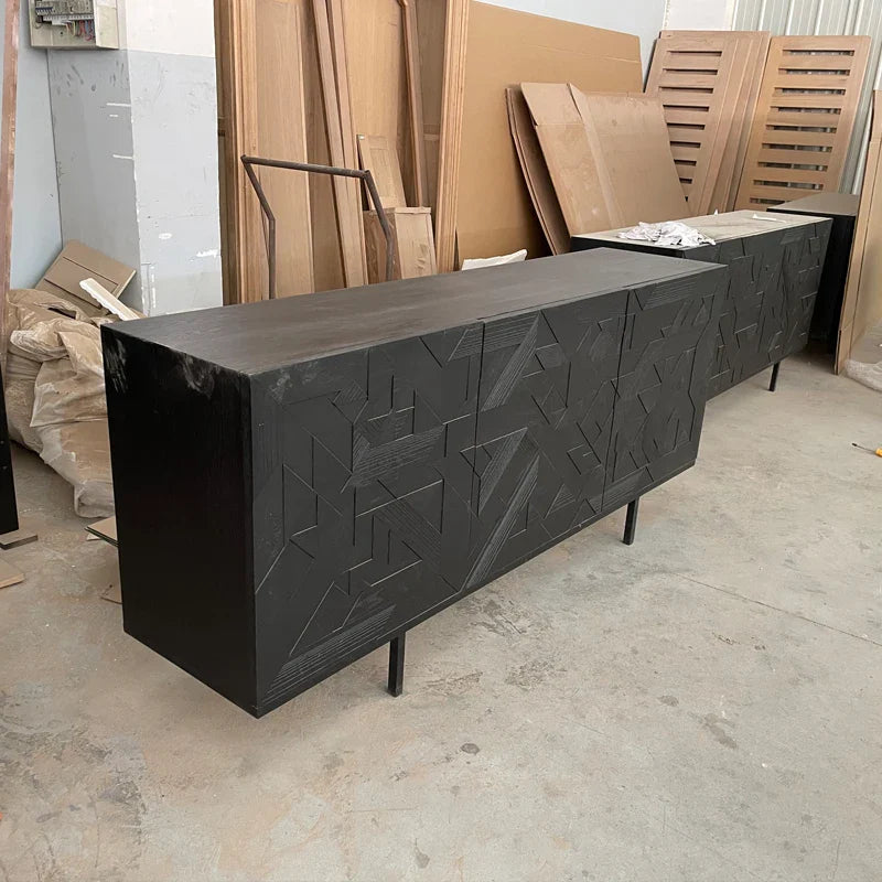 Modern Luxury Oak Wood Sideboard Buffet with Black Metal Textured Storage Cabinet
