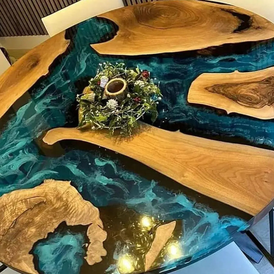 Artisan Epoxy River Round Dining Table, Solid Wood Slab Cafe Kitchen Furniture