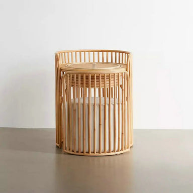 Elegant Rattan Vanity Dressing Table Set with Round Mirror and Matching Stool