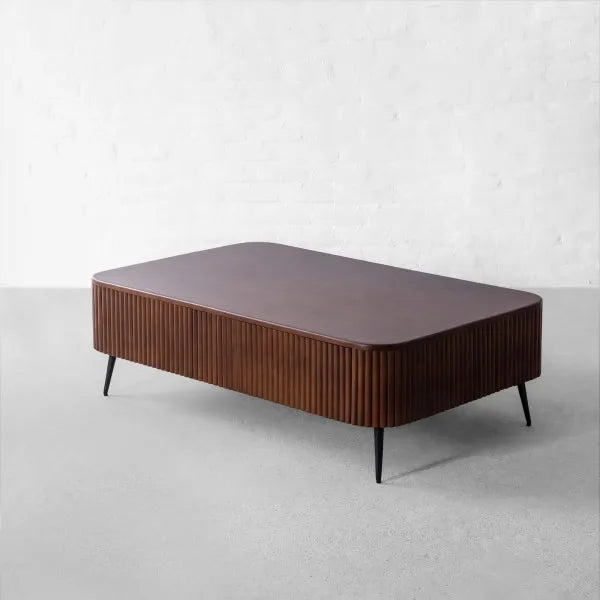 Elegant Solid Oak Wood Slat-Frame Coffee Table with Rounded Edges Storage