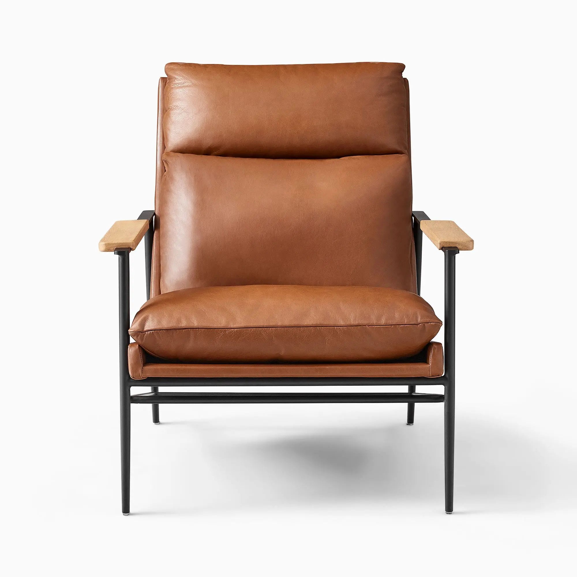 Modern Industrial Leather Accent Chair Wood Metal Frame Upholstered Lounge Seat