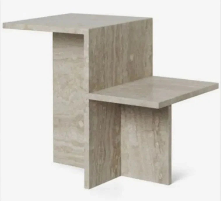 Tostone Modern Travertine Stone Side Table - Elegant Rice White Accent Furniture