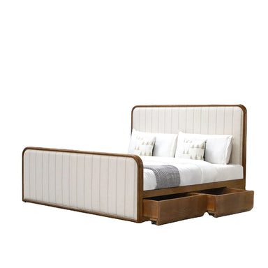 King Size Linen Upholstered Bed Frame, Solid Oak Storage, Rounded Design
