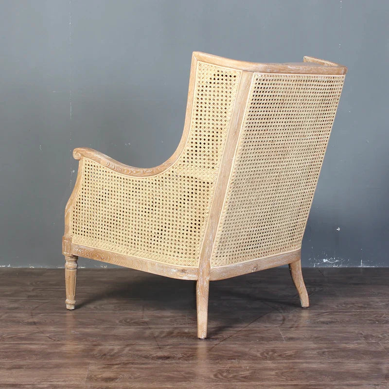 Elegant French Rattan Back Solid Oak Wood Living Room Armchair Sofa