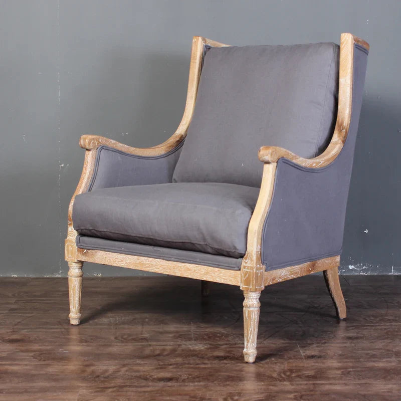Charming French Country Linen & Solid Oak Wood Antique Accent Chair