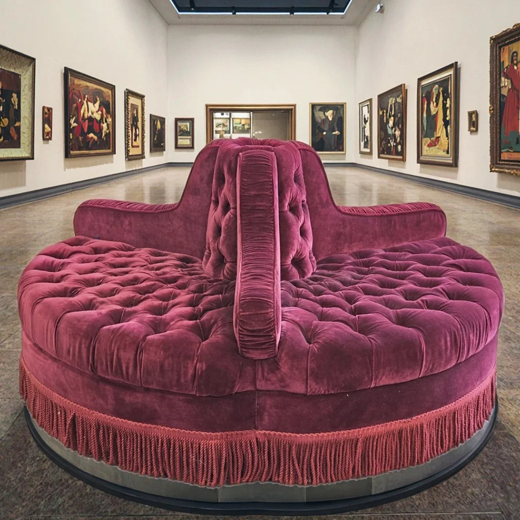 Luxurious Red Velvet Button Tufted Round Conversation Sofa with Tassels Fringes