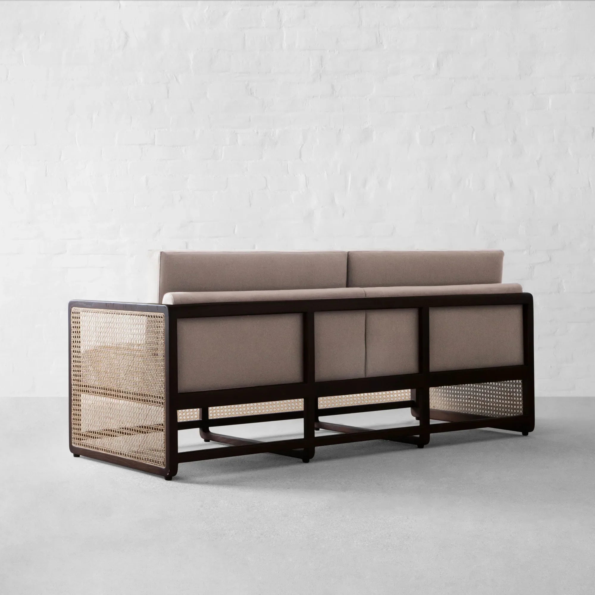 Stylish Rattan Fabric Sofa - Solid Oak Wood Slat Frame Modern Couch
