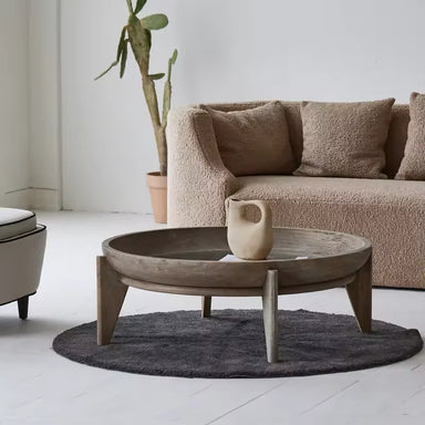 Reclaimed Elm Wood Round Coffee Table with 8mm Tempered Glass Top