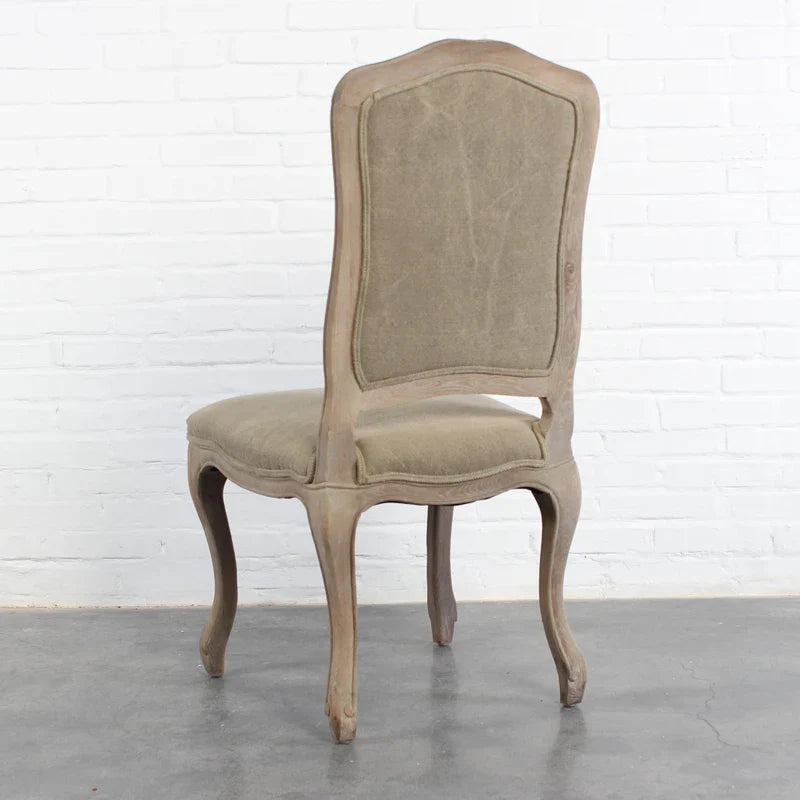 Elegant French Country Linen Upholstered Carved Oak Dining Chair Antique Style
