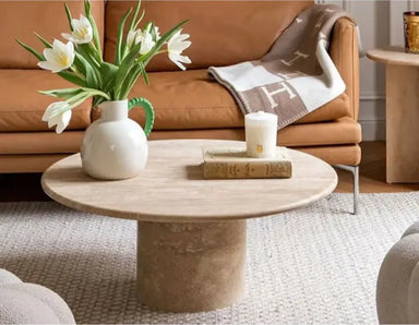 Premium Solid Natural Beige Travertine Round Coffee Table for Chic Interiors