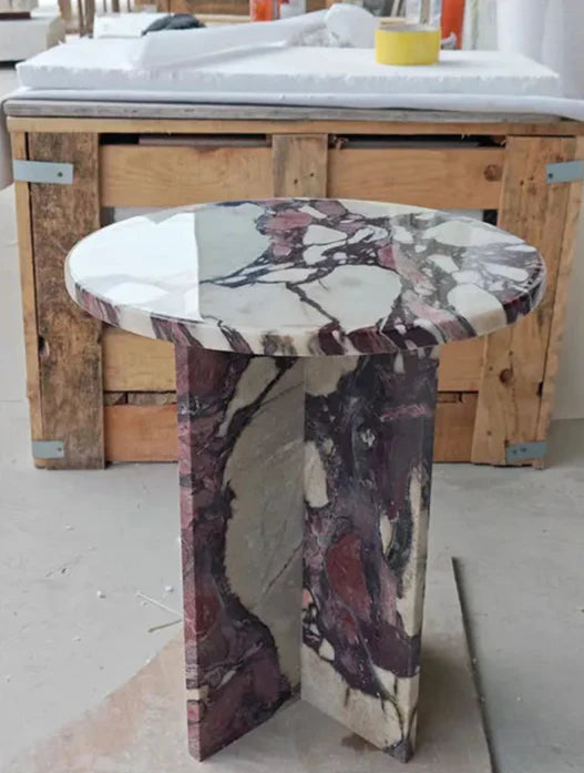 Elegant Italian Red Calacatta Viola Marble Round Side Table for Living Room