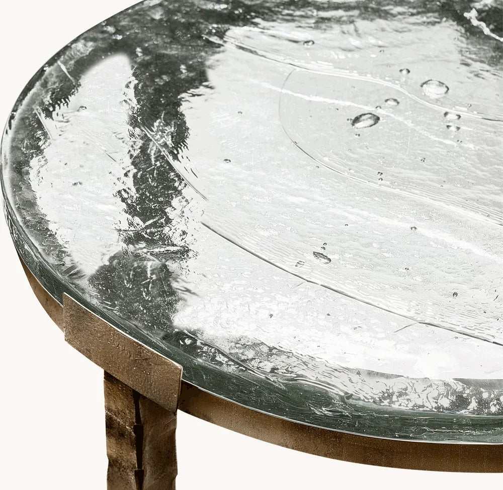 Modern Round Living Room Side Table, Handcrafted Steel Frame, Luxury Glass Top