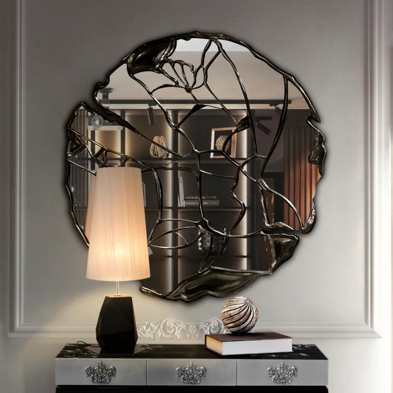 Elegant Italian Light Luxury Round Bronze Accent Decorative Wall Mirror