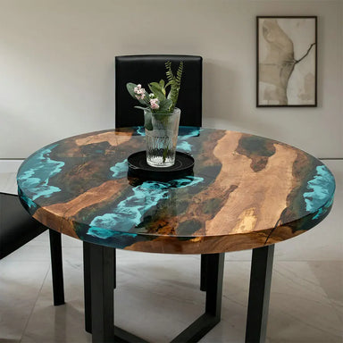 Artisan Epoxy River Round Dining Table, Solid Wood Slab Cafe Kitchen Furniture