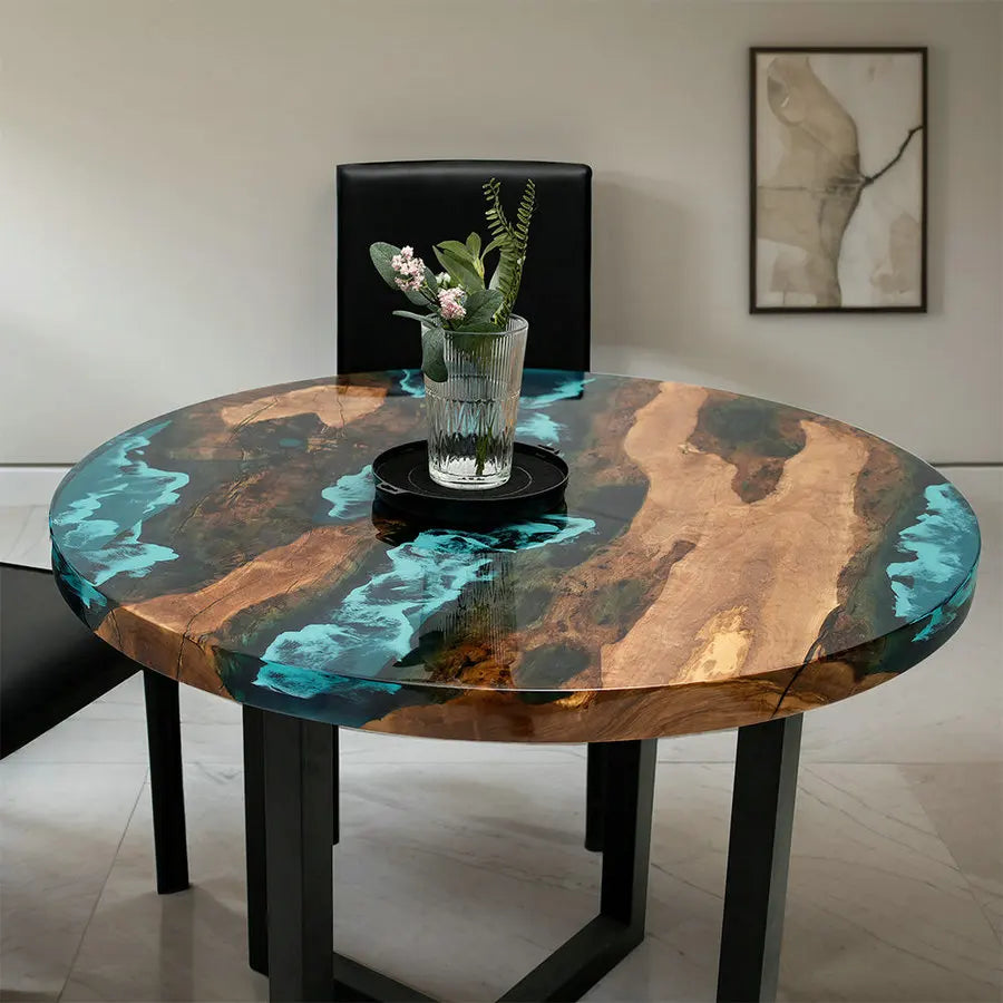 Artisan Epoxy River Round Dining Table, Solid Wood Slab Cafe Kitchen Furniture