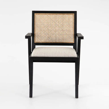 Chic Black Oak Cane Rattan Dining Chair with Upholstered Armrests