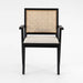 Chic Black Oak Cane Rattan Dining Chair with Upholstered Armrests