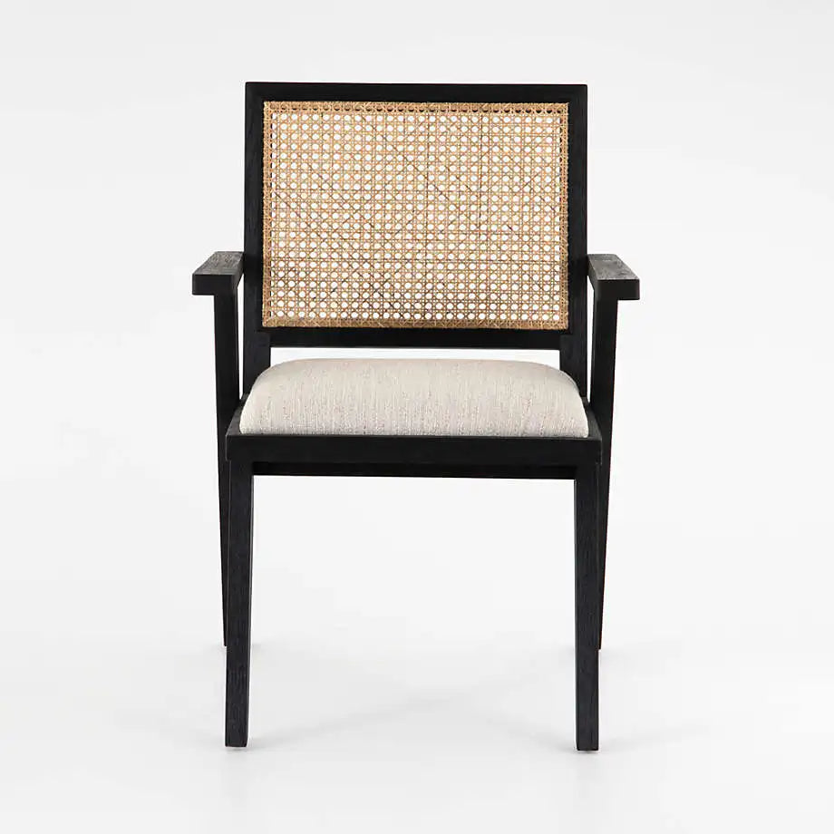 Chic Black Oak Cane Rattan Dining Chair with Upholstered Armrests