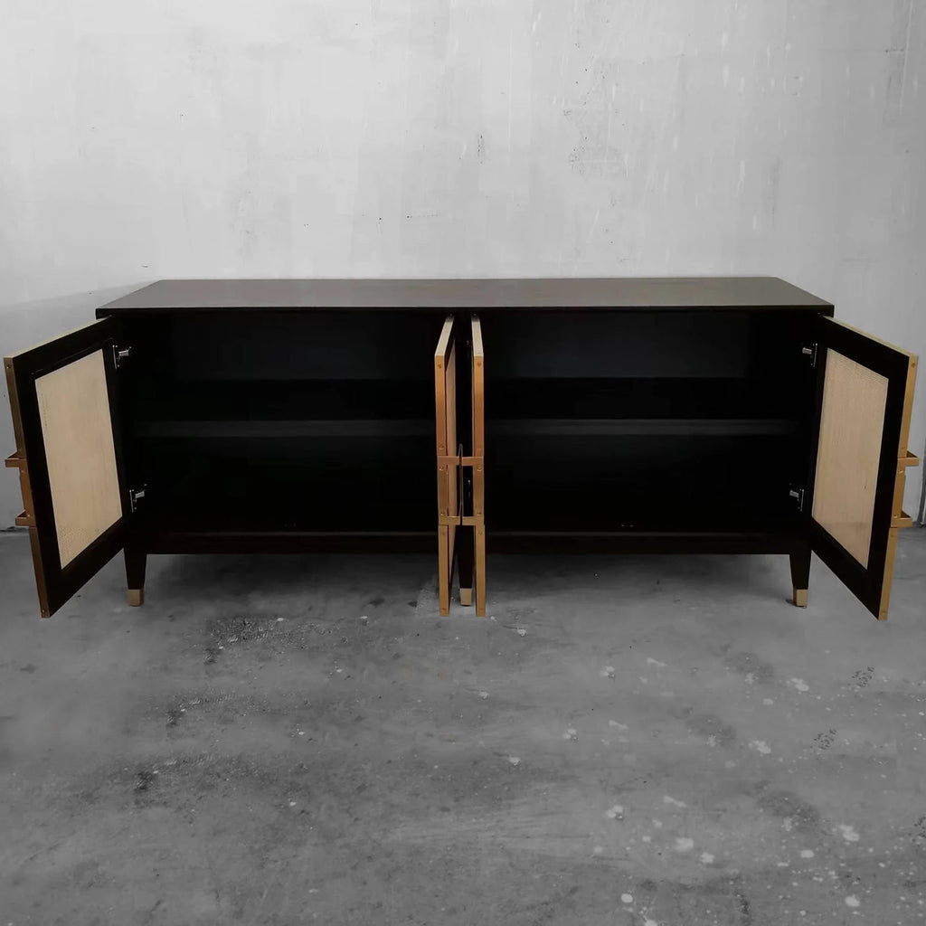 Chic Modern Oak Wood Rattan Sideboard Buffet Cabinet with Storage Doors