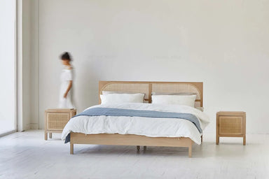 Boho Organic Japandi Oak Rattan Bedside Cabinet - Rustic Bedroom Wood Nightstand