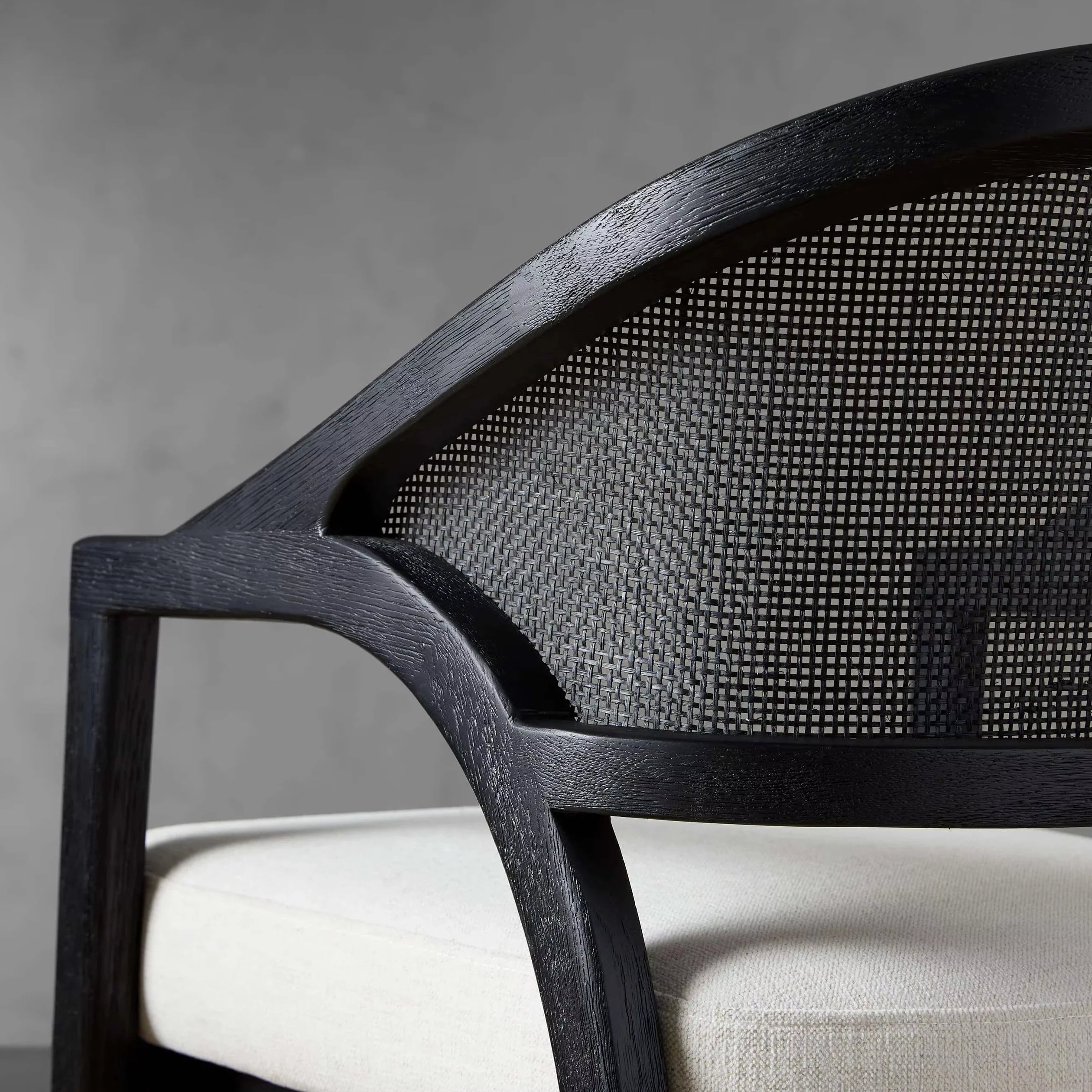 Aimee Modern Upholstered Rattan Back Dining Arm Chair, Solid Oak Frame