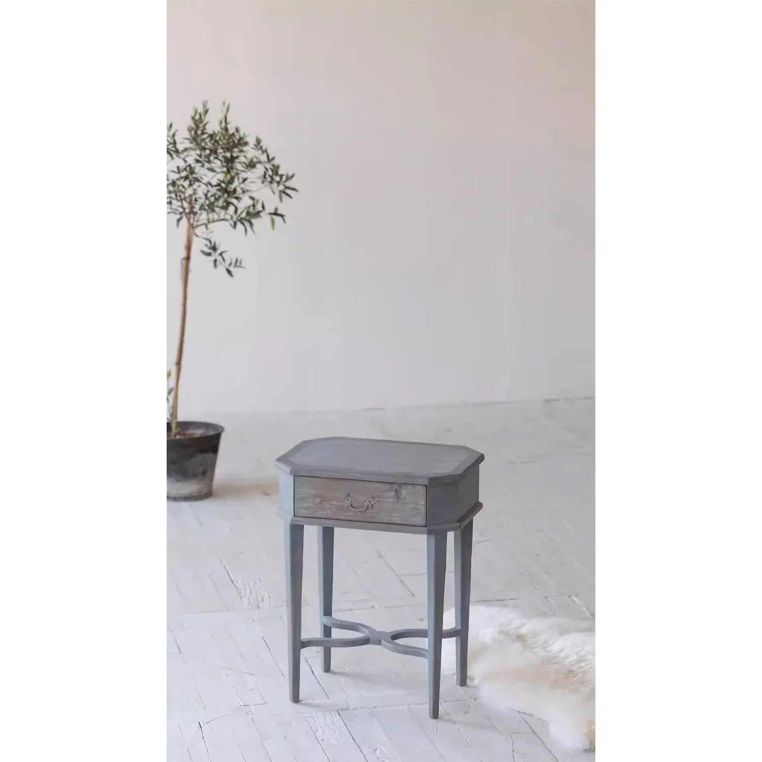 Chic French Vintage Recycled Pine Wood Nightstand with Drawer - Antique Blue Finish