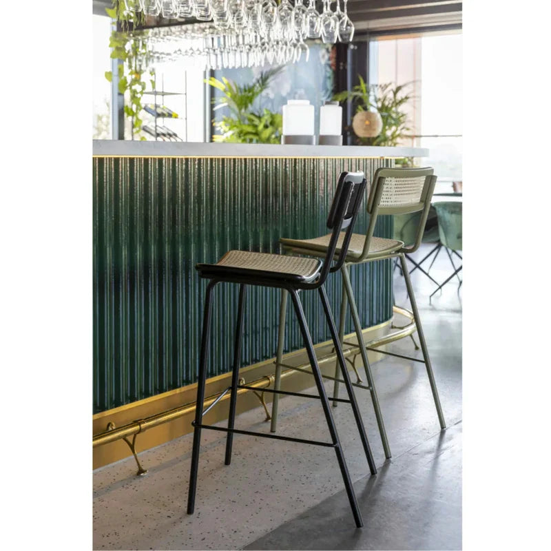 Modern Black Metal Rattan Back Bar Stool for Cafe Restaurant Club Home