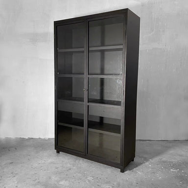 Elegant Solid Oak Wood Black Glass Display Cabinet Bookcase for Living Room