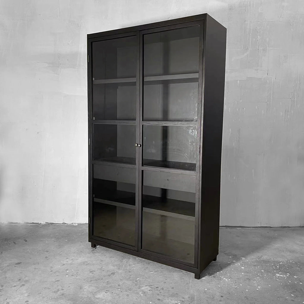 Elegant Solid Oak Wood Black Glass Display Cabinet Bookcase for Living Room