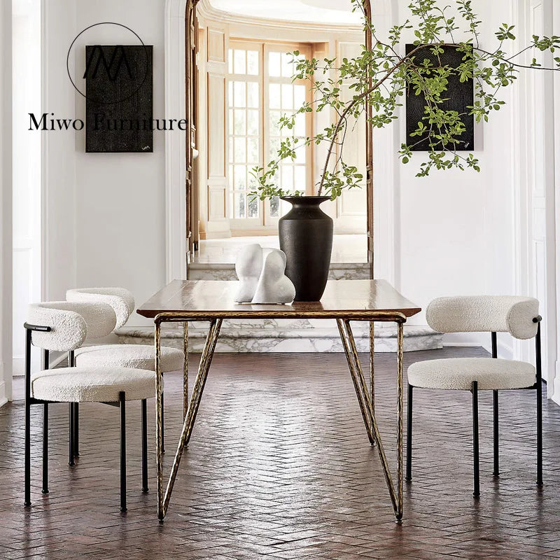 Modern Simple Industrial Metal Frame Boucle Ivory Fabric Dining Chair