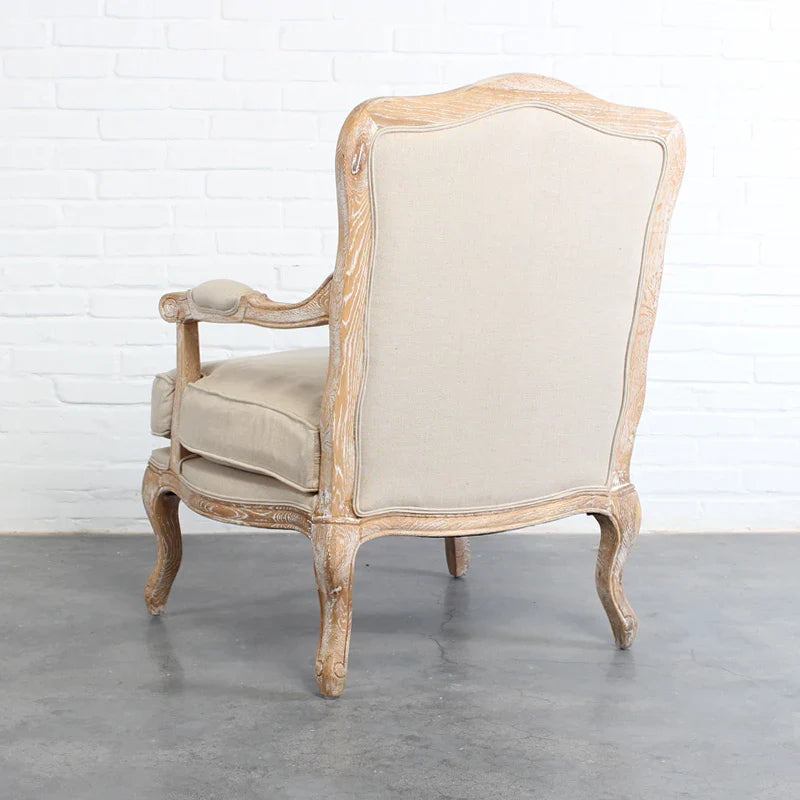 Elegant French Solid Oak Living Room Armchair: Linen/Velvet Upholstered Leisure Chair