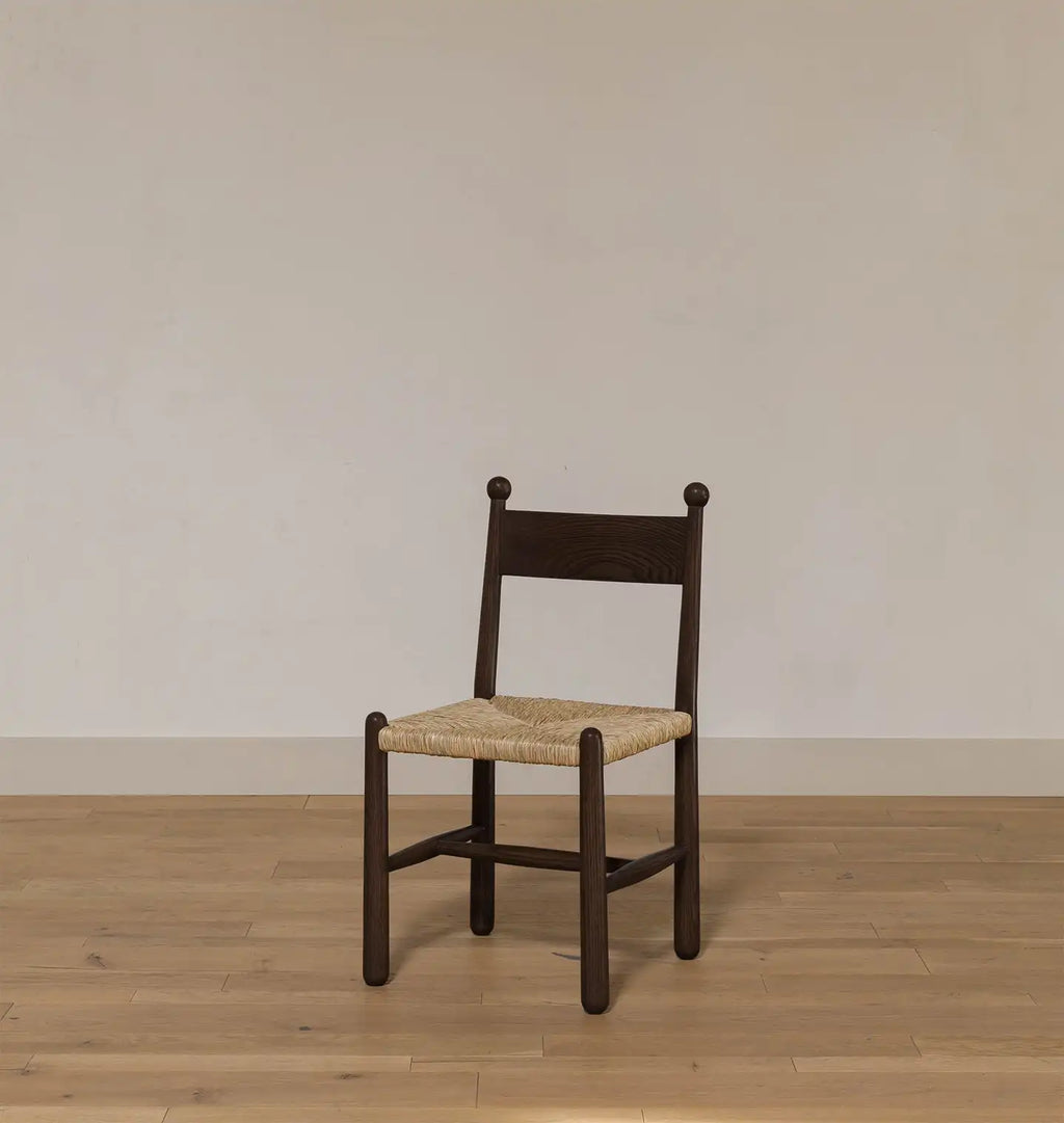 Contemporary Dark Grey Oak Dining Chair with Natural Woven Rush Seat
