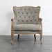 Luxurious French Carved Oak Armchair, Vintage Linen Tufted Accent Chair