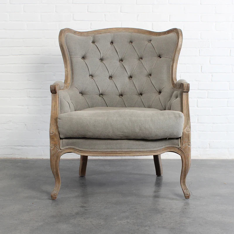 Luxurious French Carved Oak Armchair, Vintage Linen Tufted Accent Chair