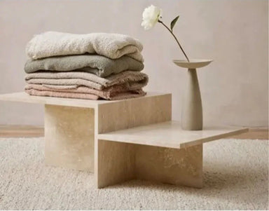 Tostone Modern Travertine Stone Side Table - Elegant Rice White Accent Furniture